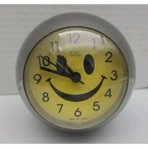Vintage TOZAJ Smiley Face Round Ball Quartz Alarm Clock Light Up  Metallic